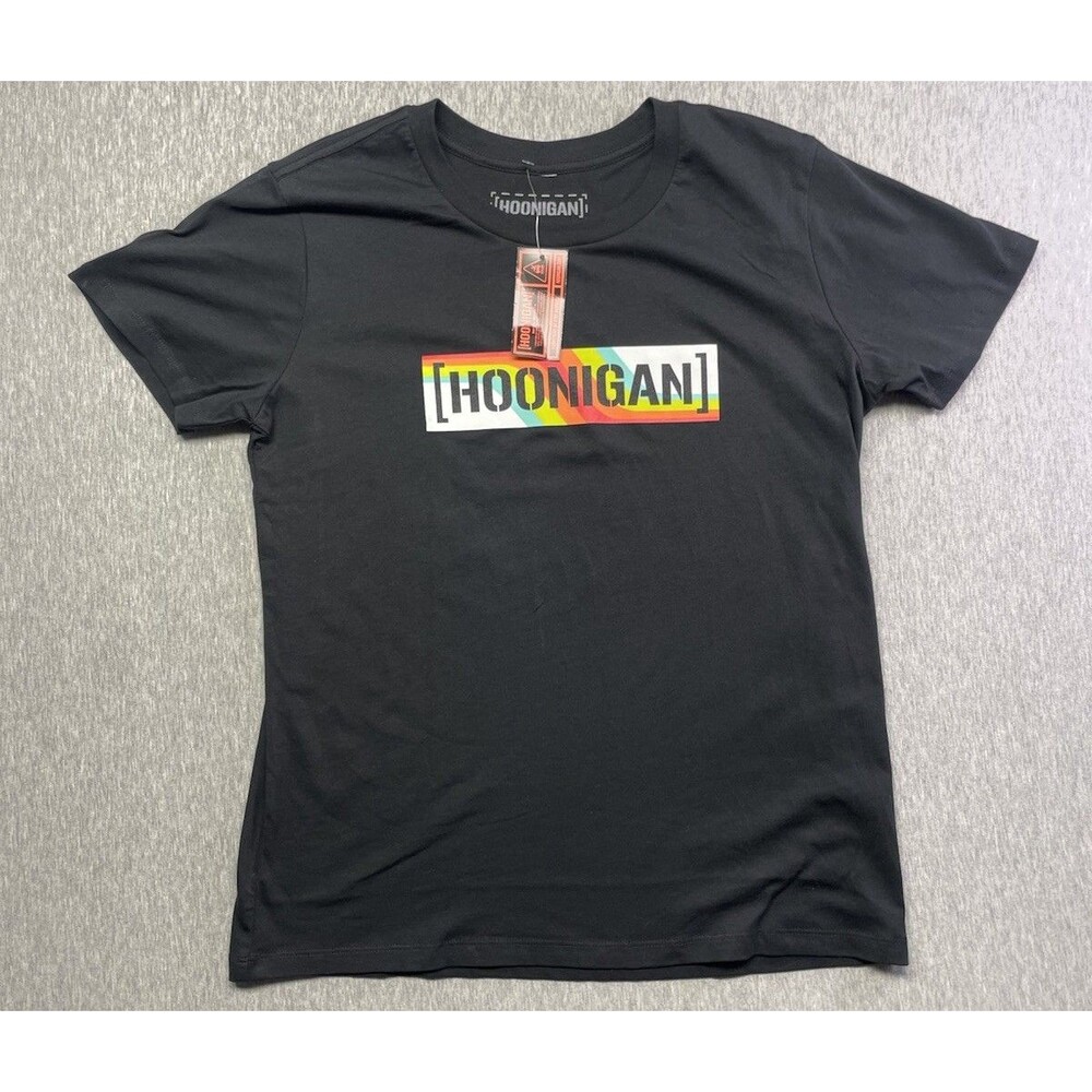 New Hoonigan Womans Black T Shirrt MULTICOLORED PRINT SIZE LARGE